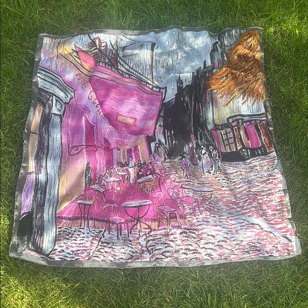 Pink and black 35” square silk scarf